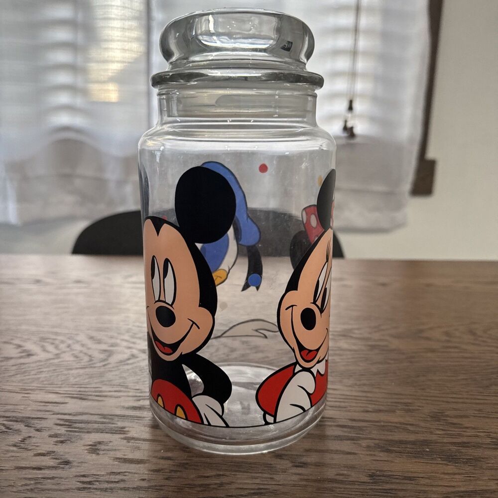 VTG Disney Mickey Minnie Mouse Donald Duck Anchor Hocking Glass Canister Jar Lid